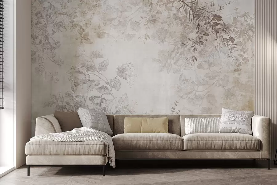 fototapeter Vintage teksturert blomsterkunst med tegninger av delikate hageblomster og bladillustrasjoner, myke pastellbeige og sepiafarger w09402