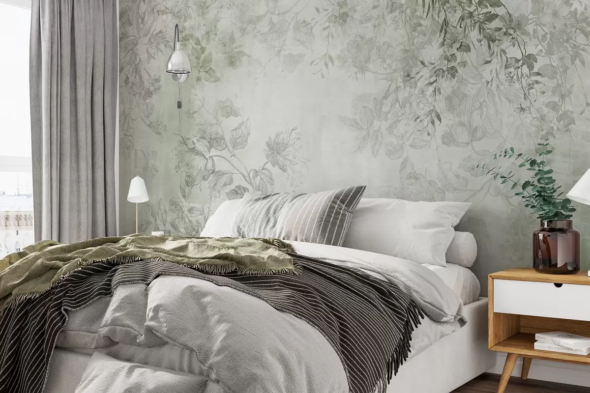 fototapeter Vintage teksturert blomsterkunst med tegninger av delikate hageblomster og bladillustrasjoner, myke grønne toner w09402v2