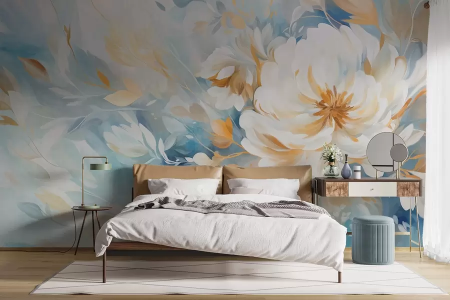 fototapeter Teksturert hvit blomst med blå og gule detaljer og blader på en blå og hvit abstrakt bakgrunn, maleristil w09403