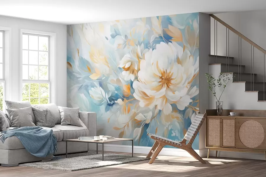 fototapeter Teksturert hvit blomst med blå og gule detaljer og blader på en blå og hvit abstrakt bakgrunn, maleristil w09403