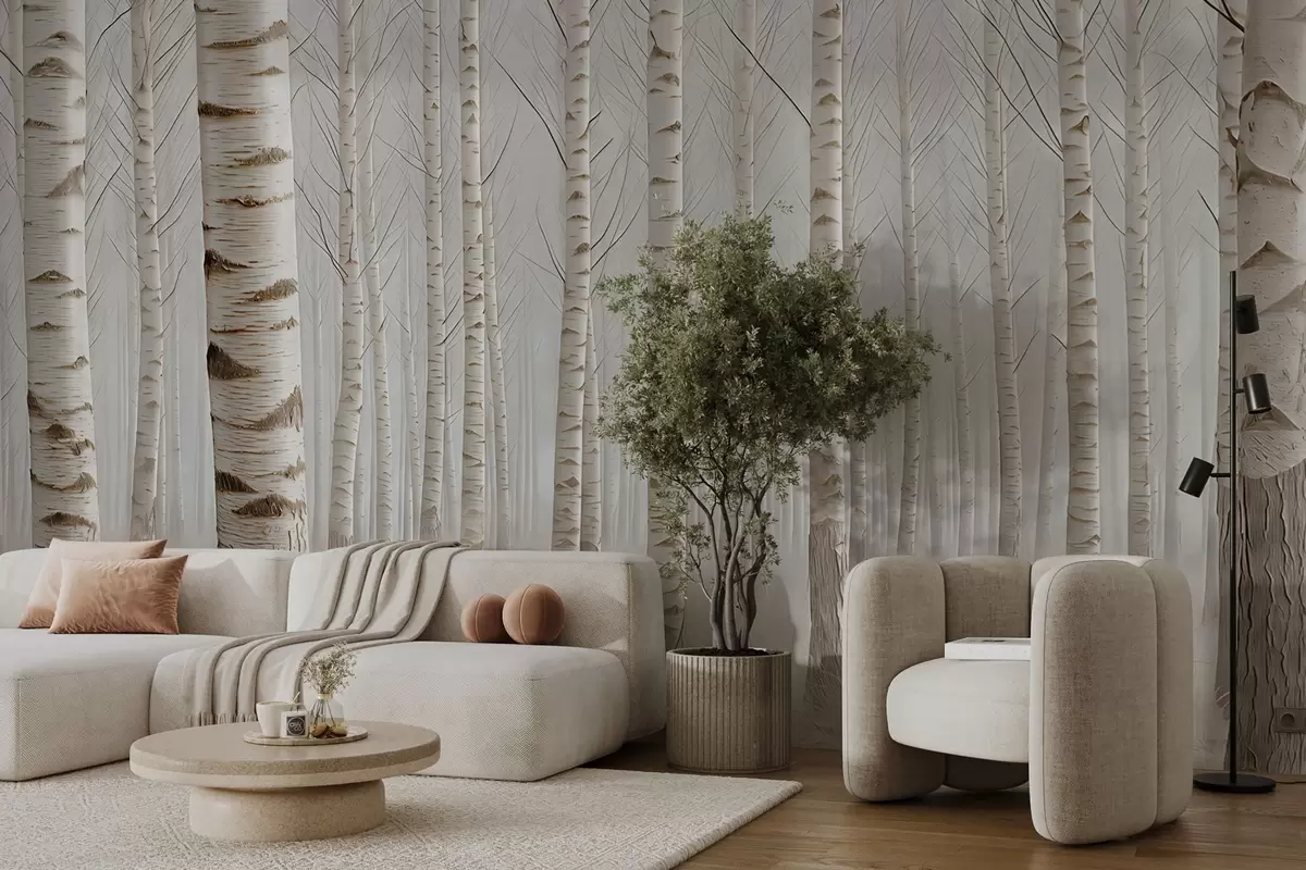 fototapeter Bjørkeskog i tåken, lett minimalisme w04574