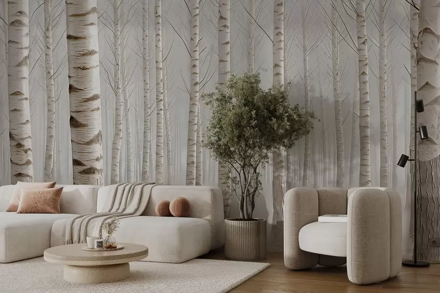 fototapeter Bjørkeskog i tåken, lett minimalisme w04574