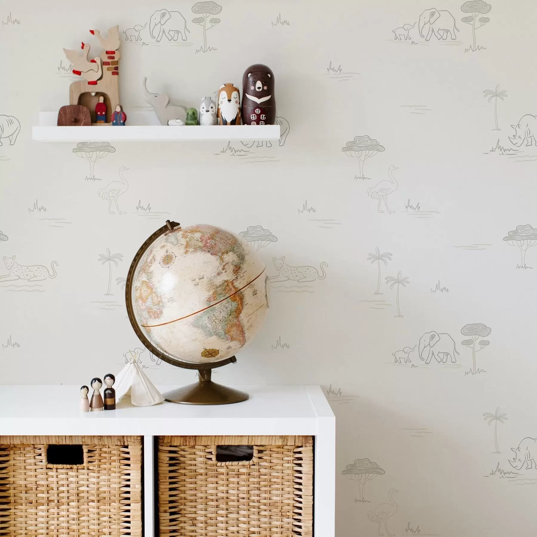 fototapeter Minimalistisk safari: elefanter, neshorn, leoparder og palmer a00492