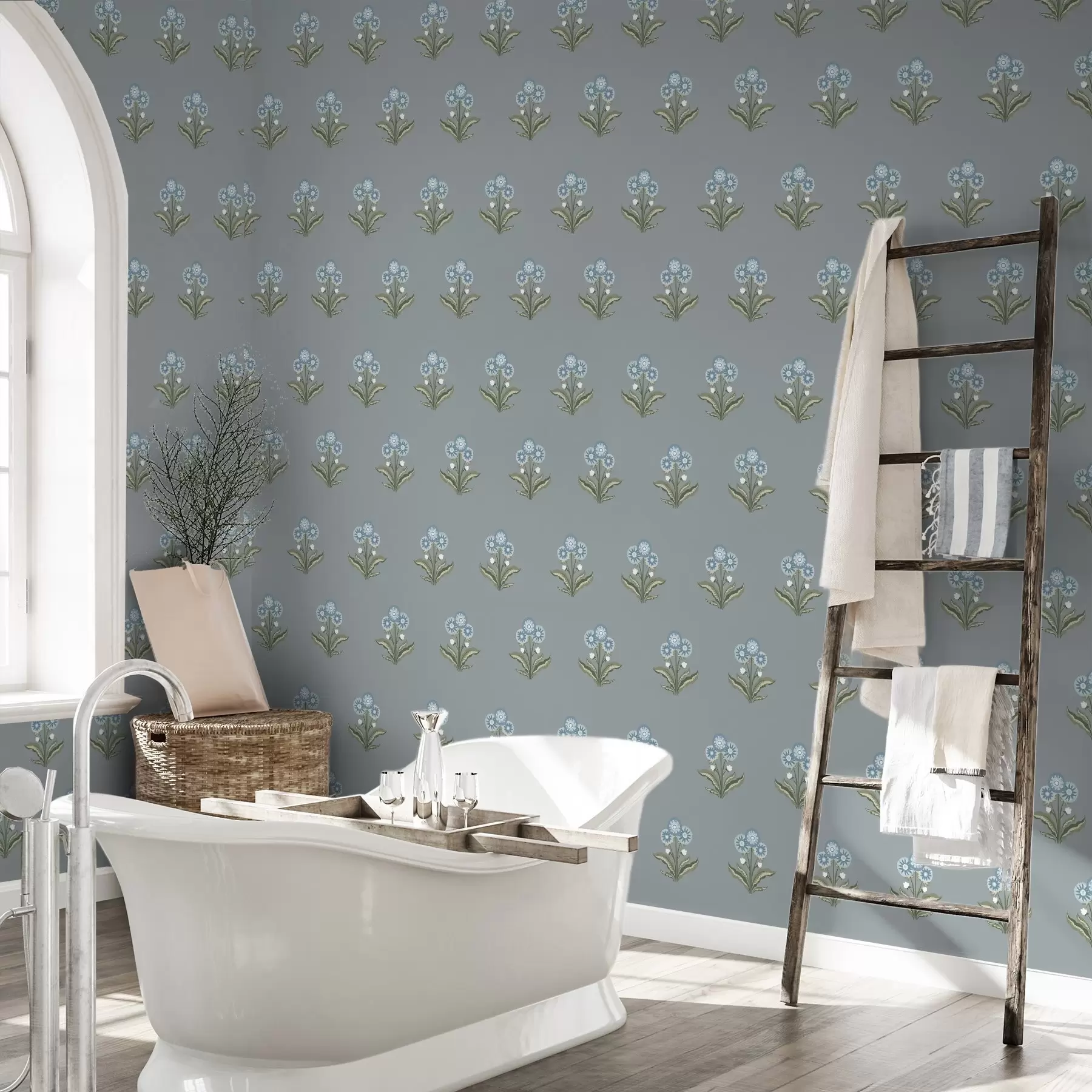 fototapeter Stiliserte blomster på gråblå bakgrunn, kjølig fargepalett a00494v1