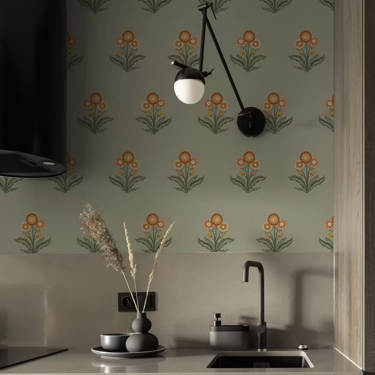 Bakgrunn Stiliserte blomster på olivenbakgrunn, varme fargetoner a00494v2