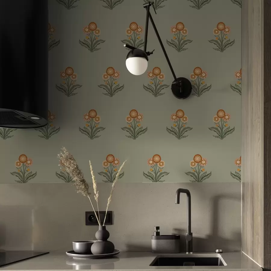 fototapeter Stiliserte blomster på olivenbakgrunn, varme fargetoner a00494v2