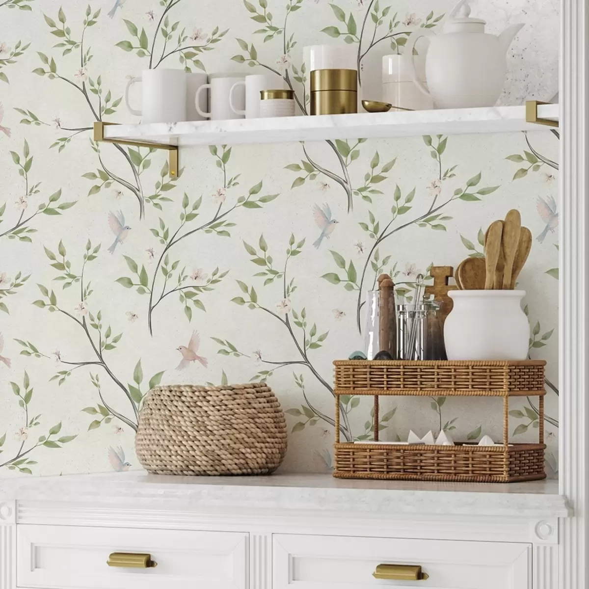 Bakgrunn Akvarellgrener med blader og fugler på lys bakgrunn a00496