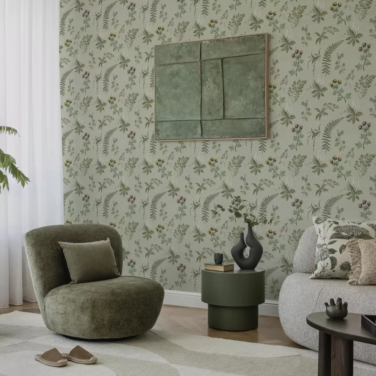 Bakgrunn Botaniske gress og bregner på lys grågrønn bakgrunn a00498