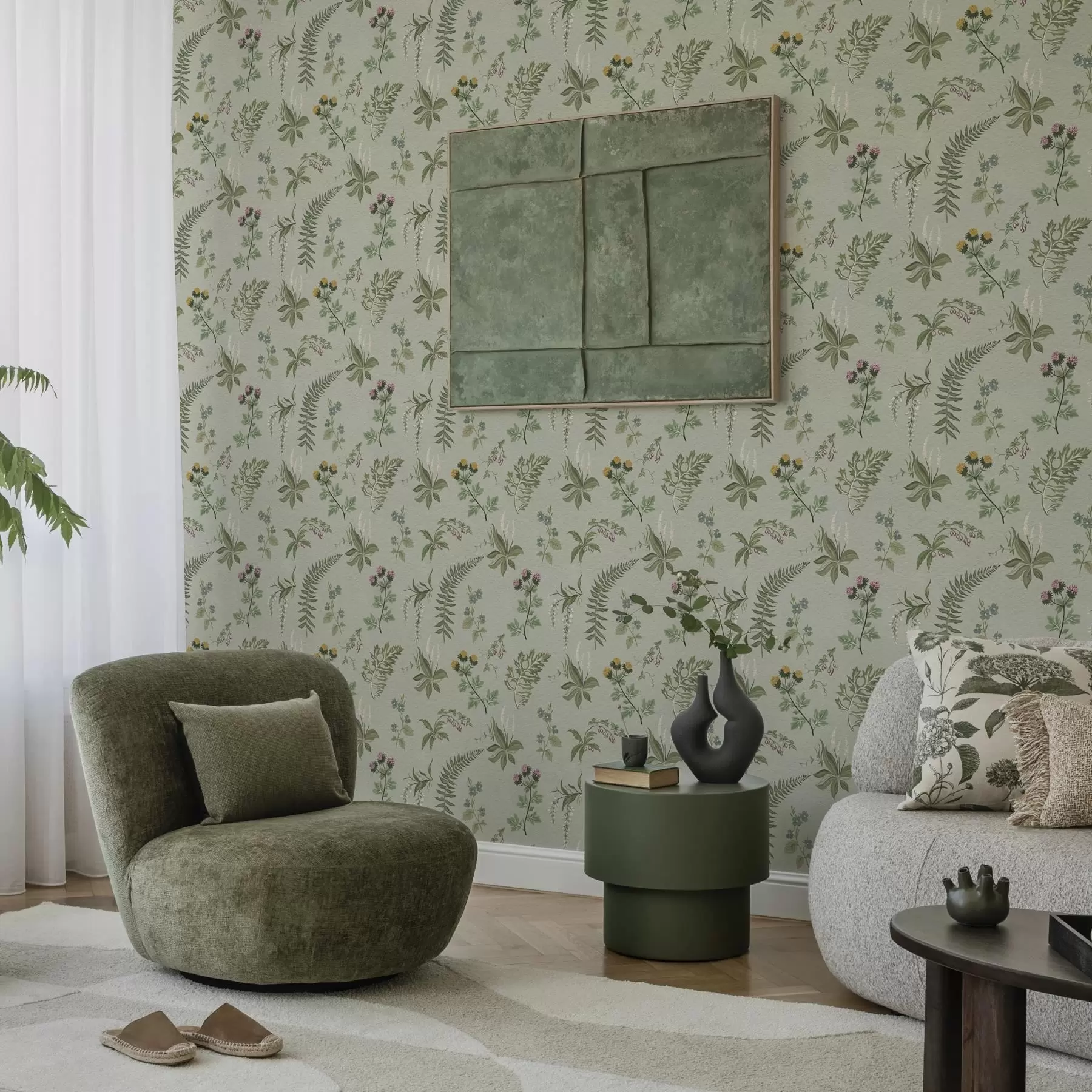 fototapeter Botaniske gress og bregner på lys grågrønn bakgrunn a00498