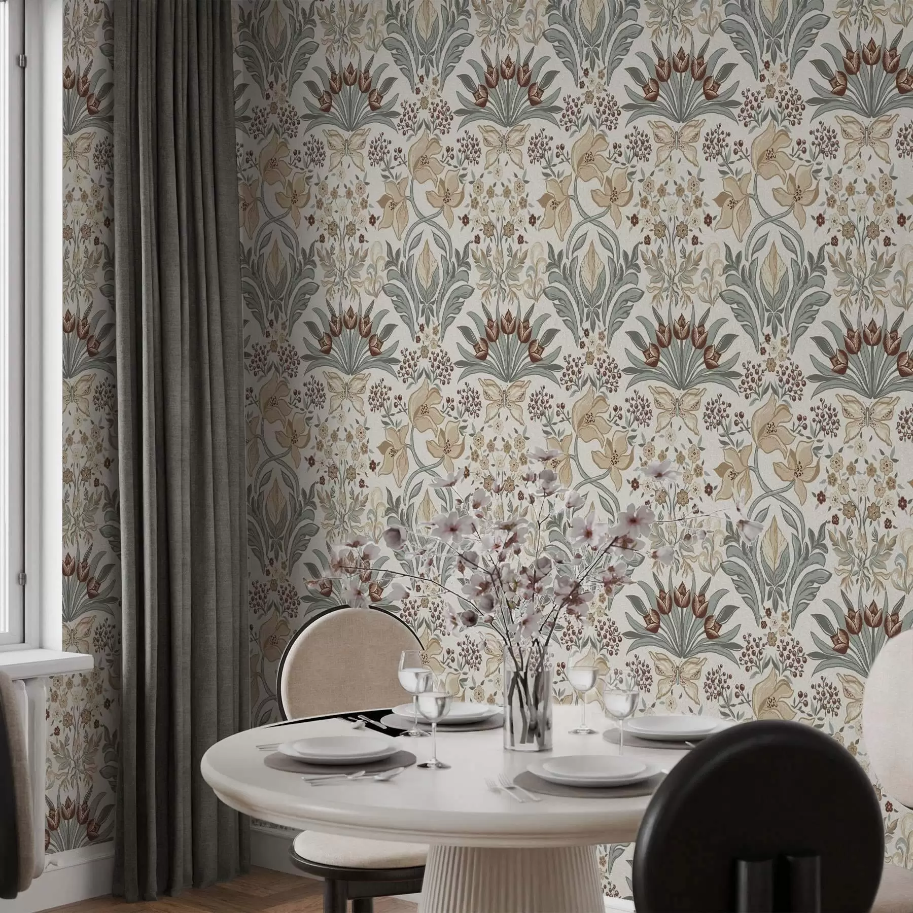 fototapeter Dekorative liljer og en sommerfugl på kremfarget bakgrunn a00500