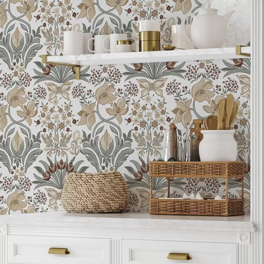 fototapeter Dekorative liljer og en sommerfugl på hvit bakgrunn a00500v1