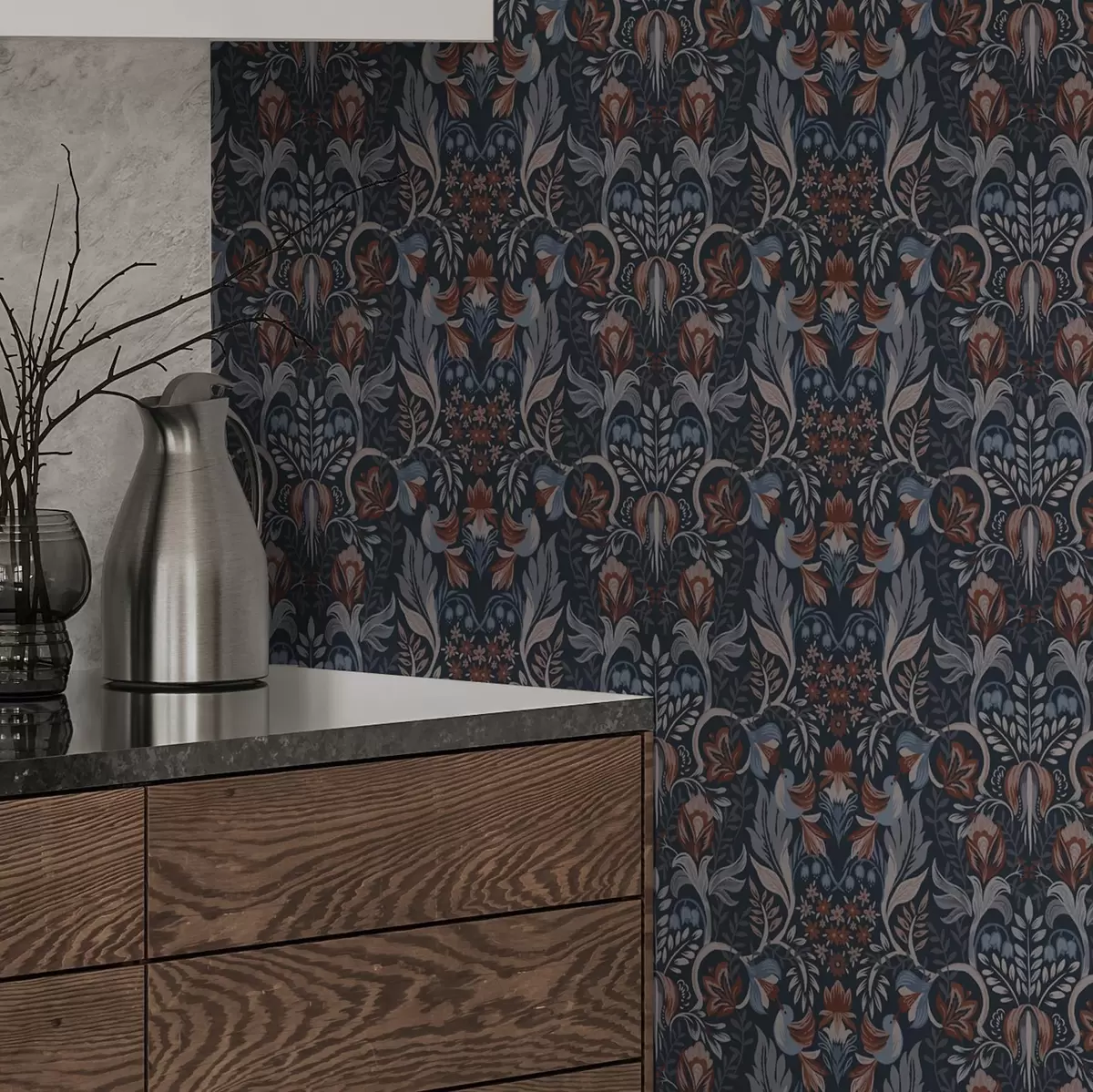 Bakgrunn Folkemotiv med fugler, dyp indigo a00502v1