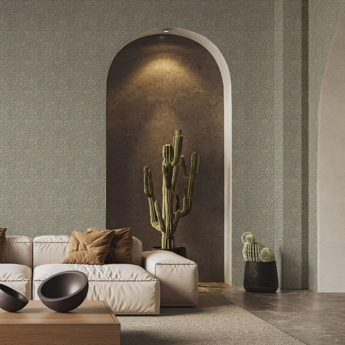 Bakgrunn Morris-stil: beige grener på en grågrønn bakgrunn a00569