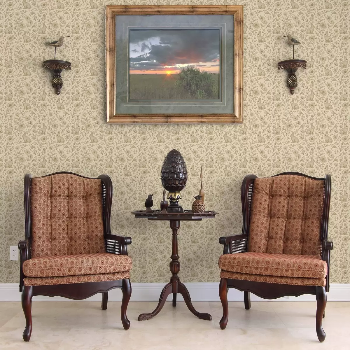 Bakgrunn Kaniner og fugler i blomstermønster a00571