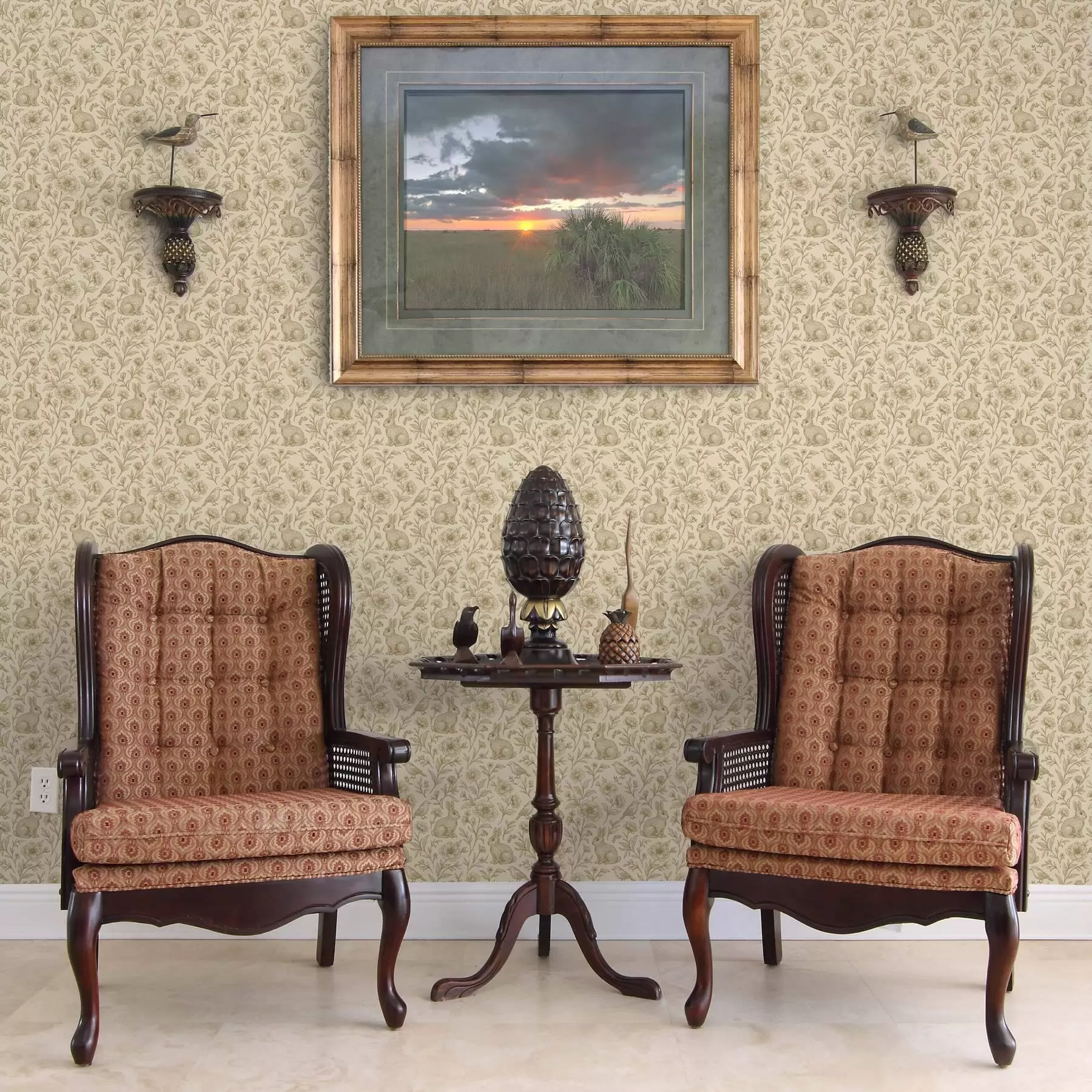 fototapeter Kaniner og fugler i blomstermønster a00571