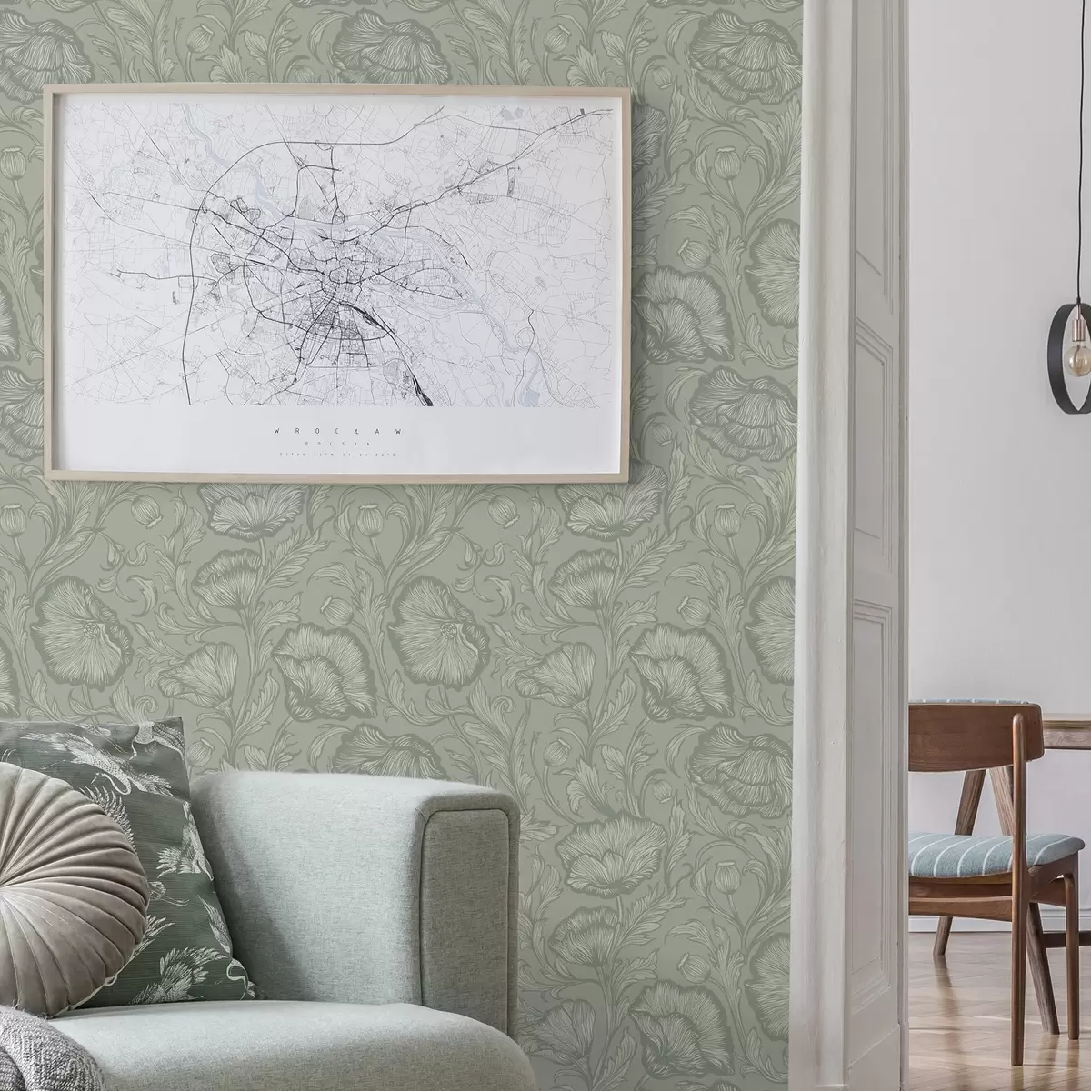 Bakgrunn Linjekunst med valmuer på en grågrønn bakgrunn a00572v1