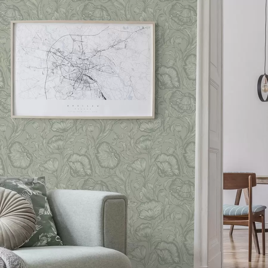 fototapeter Linjekunst med valmuer på en grågrønn bakgrunn a00572v1