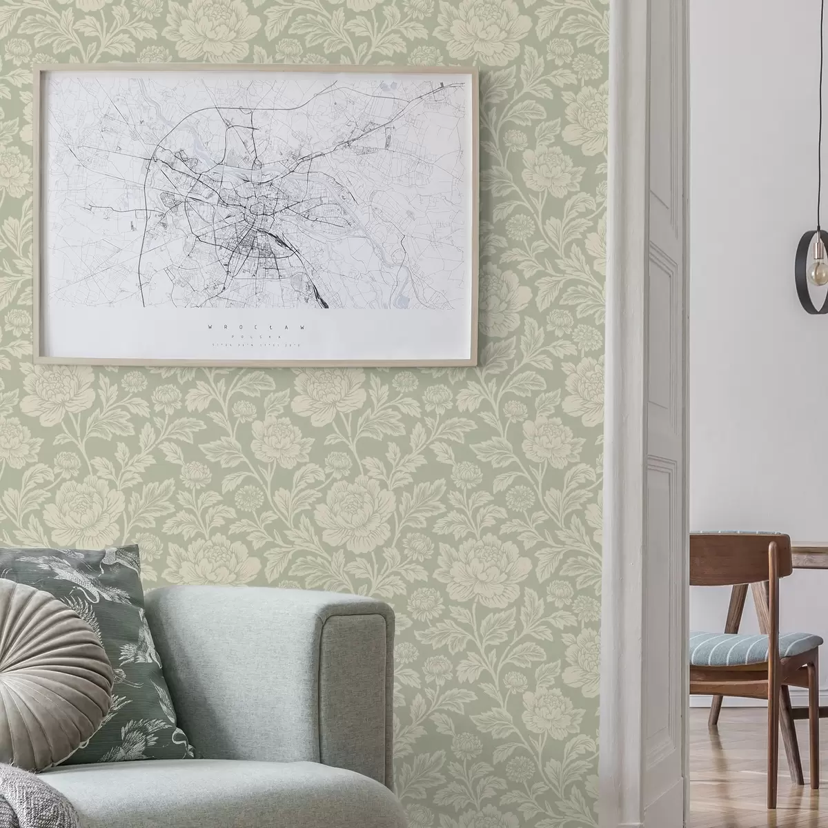 Bakgrunn Store strektegnede pioner på salviegrønn bakgrunn a00582