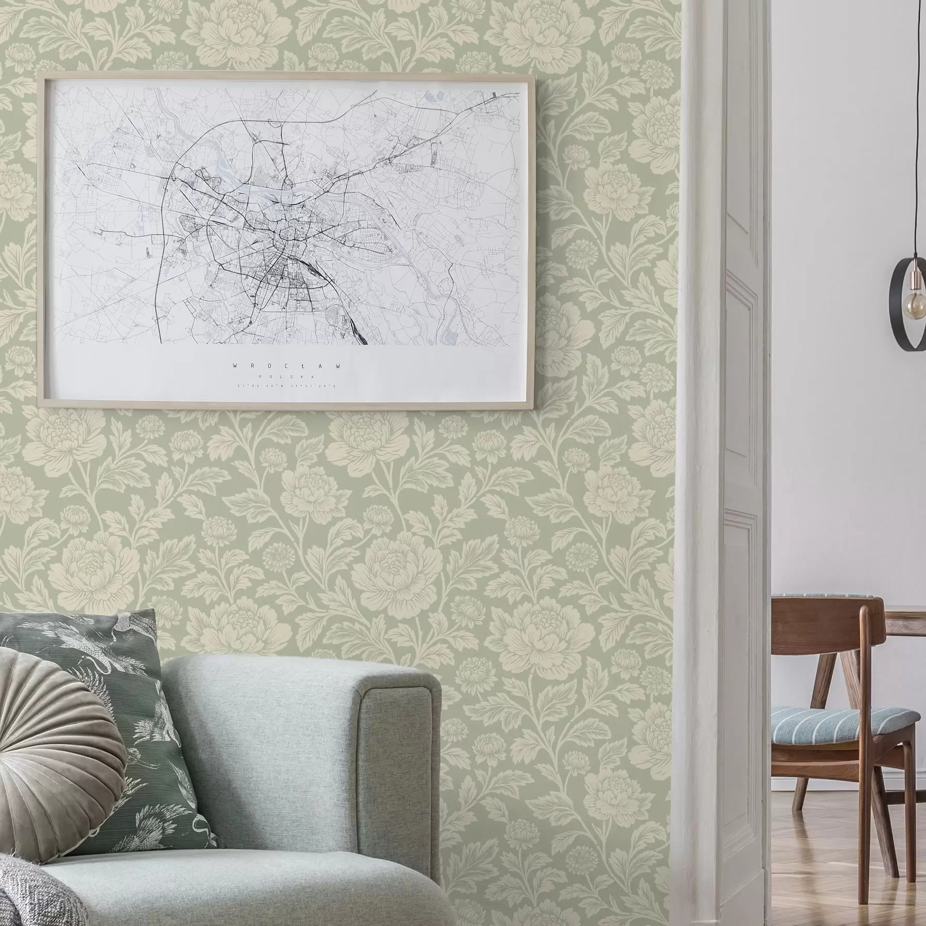 fototapeter Store strektegnede pioner på salviegrønn bakgrunn a00582