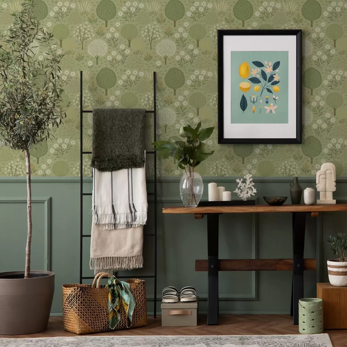 Bakgrunn Barnas grønne hage: trær, blomster og hvete a00586