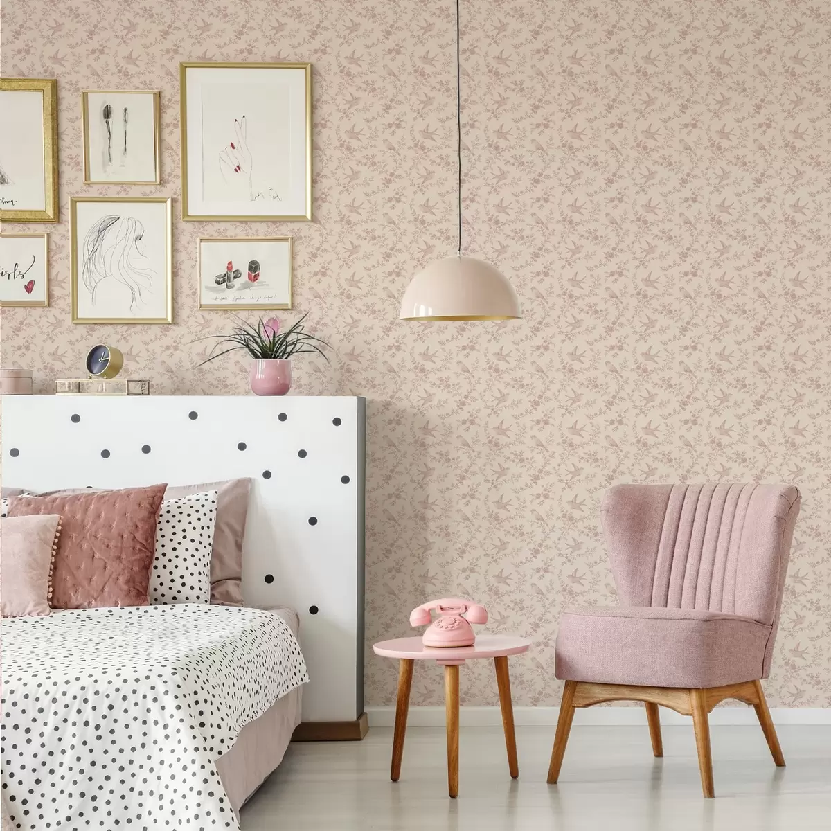 Bakgrunn Fugler og roser, vintage mønster på pudderrosa a00587