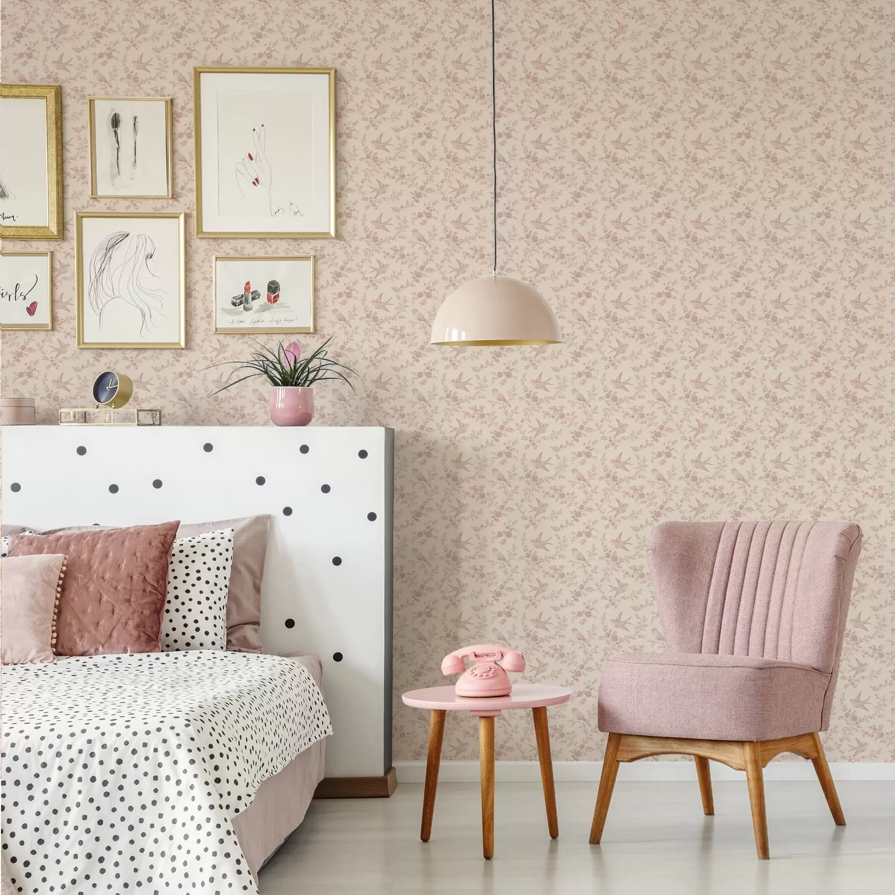 fototapeter Fugler og roser, vintage mønster på pudderrosa a00587