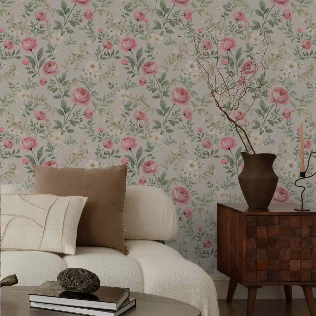 Bakgrunn Akvarellpioner og hvite blomster på gråbeige bakgrunn a00592