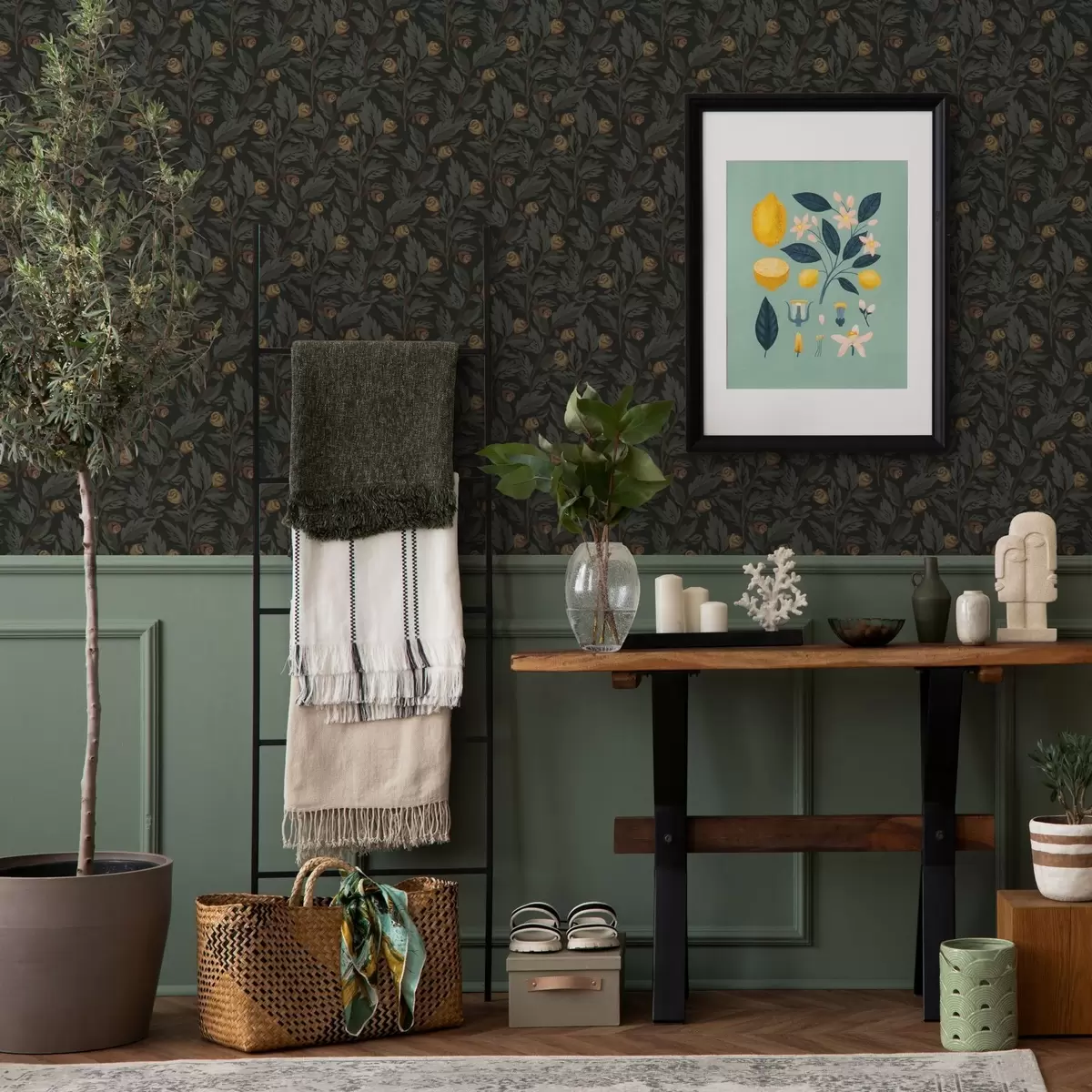 Bakgrunn Mørkt blomstermønster med gule knopper og blader a00598