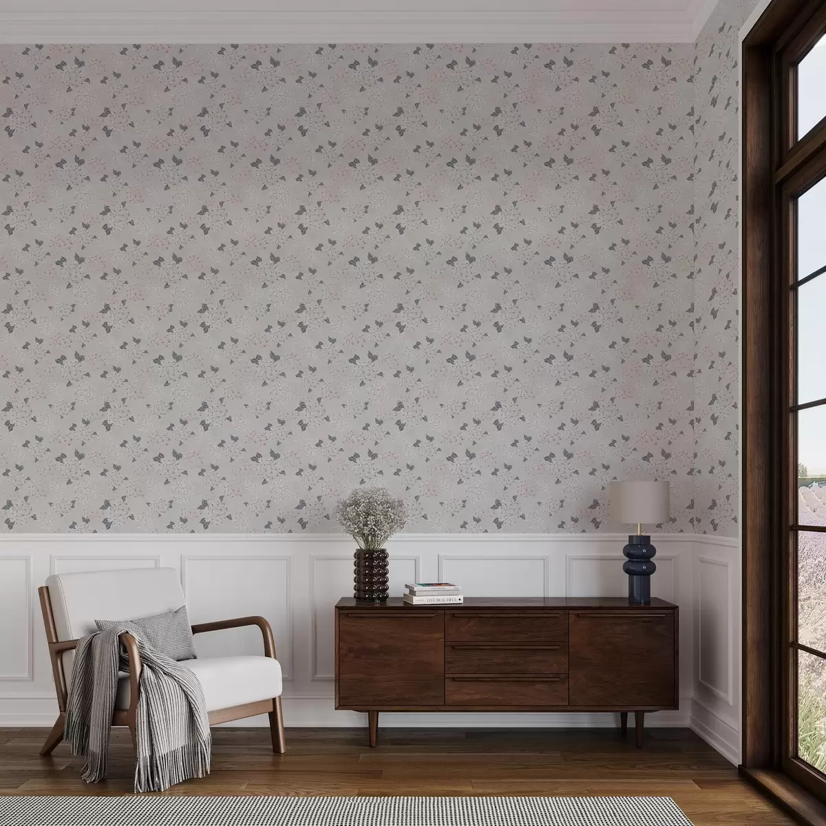 Bakgrunn Luftige blomster på lys bakgrunn, myke rosa-grå toner a00600