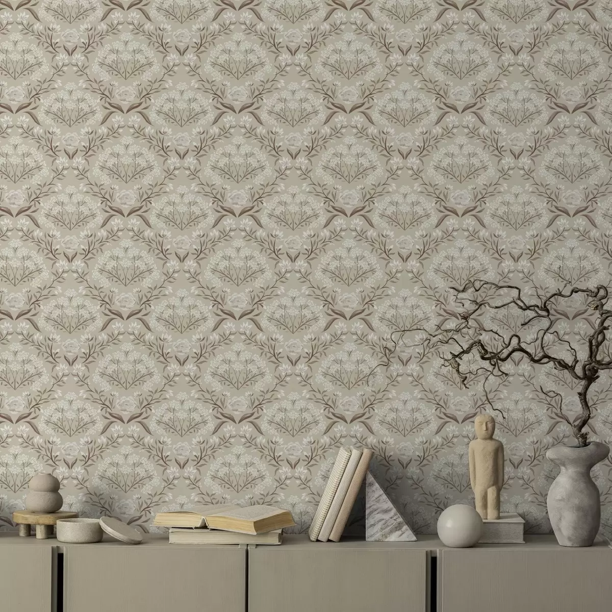 Bakgrunn Beige damask: pioner, snøklokker og kniplingslignende klynger a00603v1