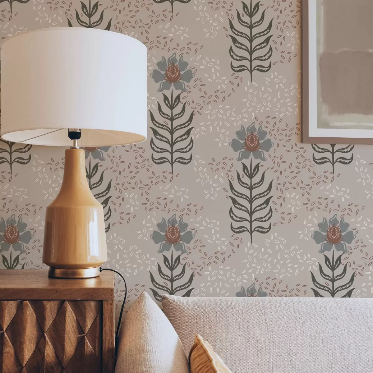 Bakgrunn Stiliserte blomster og frø på varm beige a00604