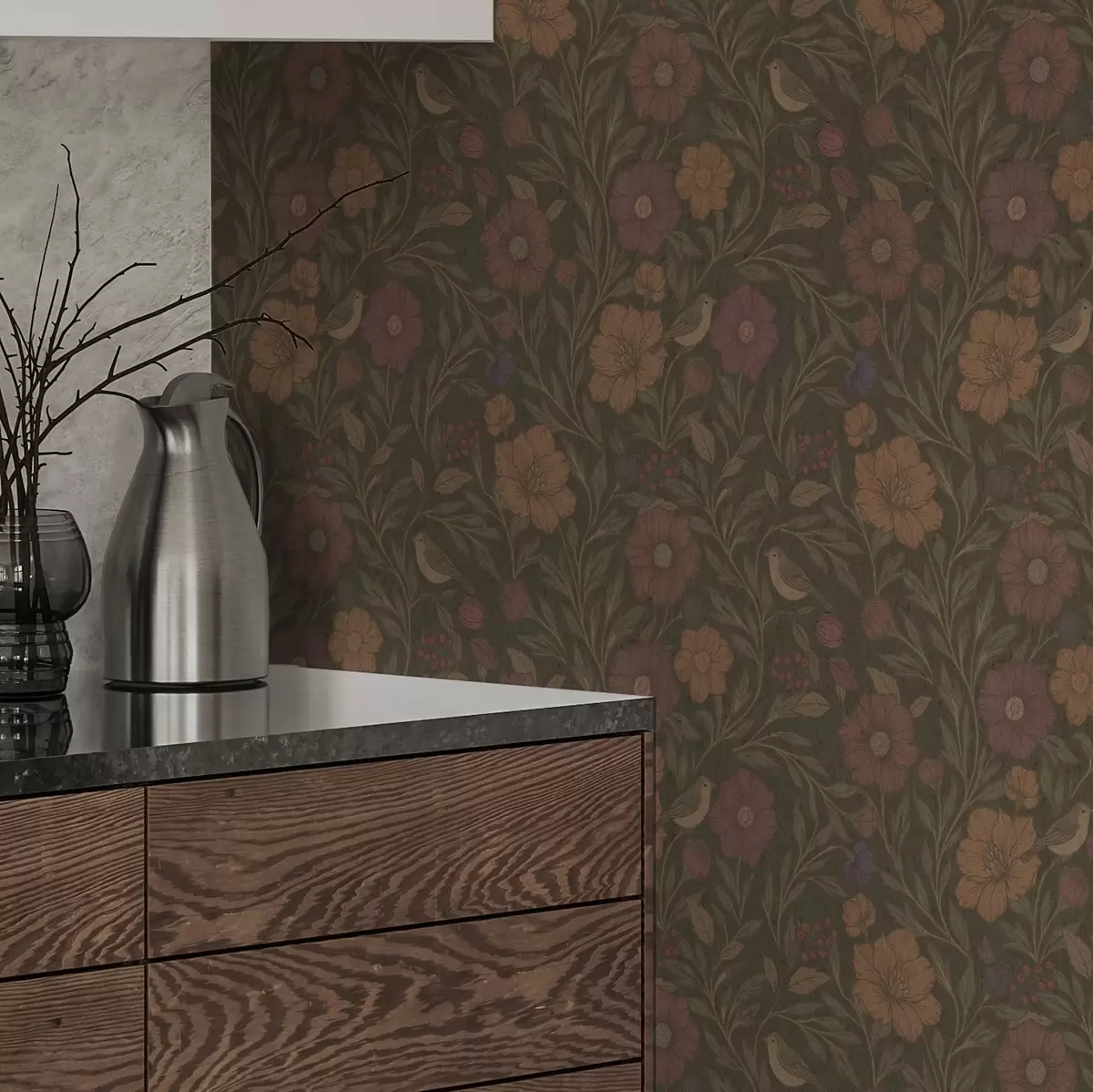 Bakgrunn Høstblomster og fugler på olivenbrun bakgrunn a00605