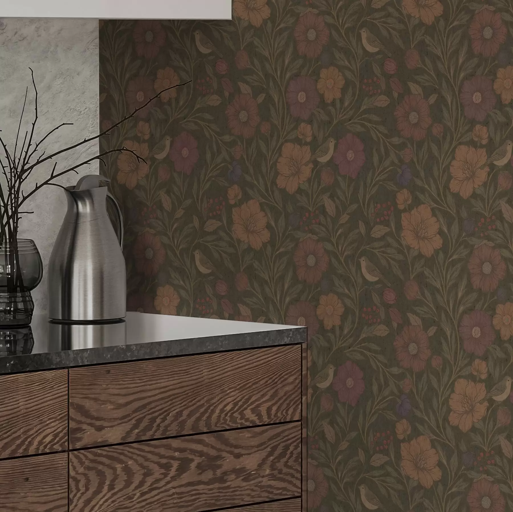 fototapeter Høstblomster og fugler på olivenbrun bakgrunn a00605