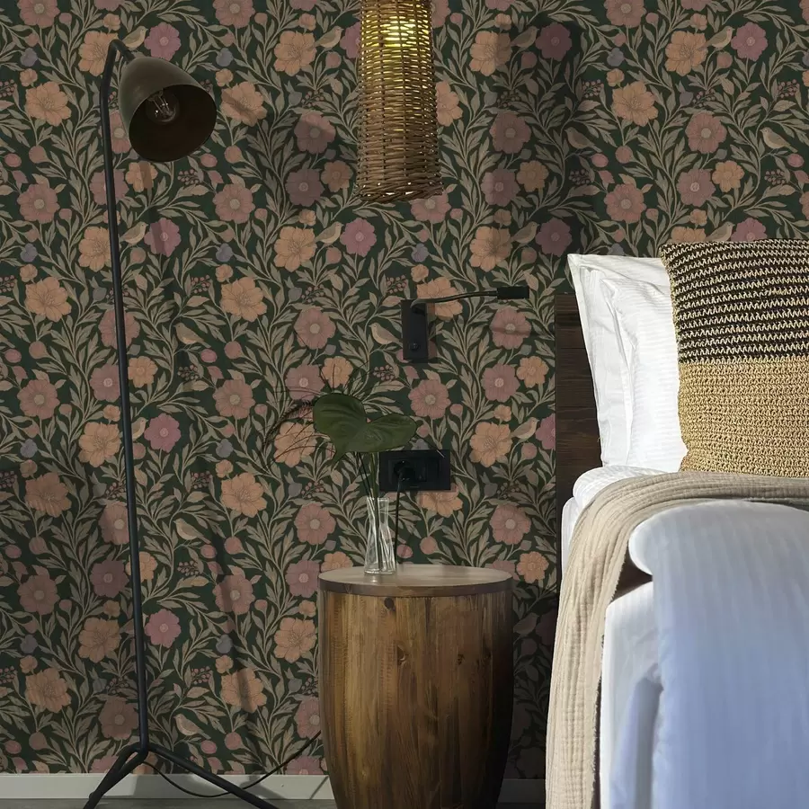 fototapeter Høstblomster og fugler på dyp smaragdgrønn bakgrunn a00605v1