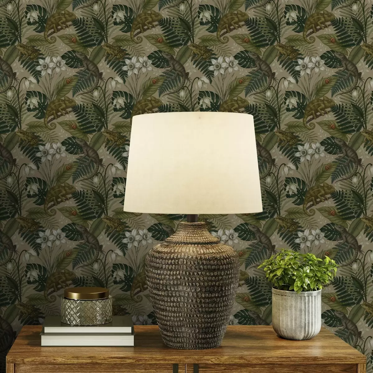 Bakgrunn Kameleoner og tropiske blader, hvite blomster, beige bakgrunn a00608