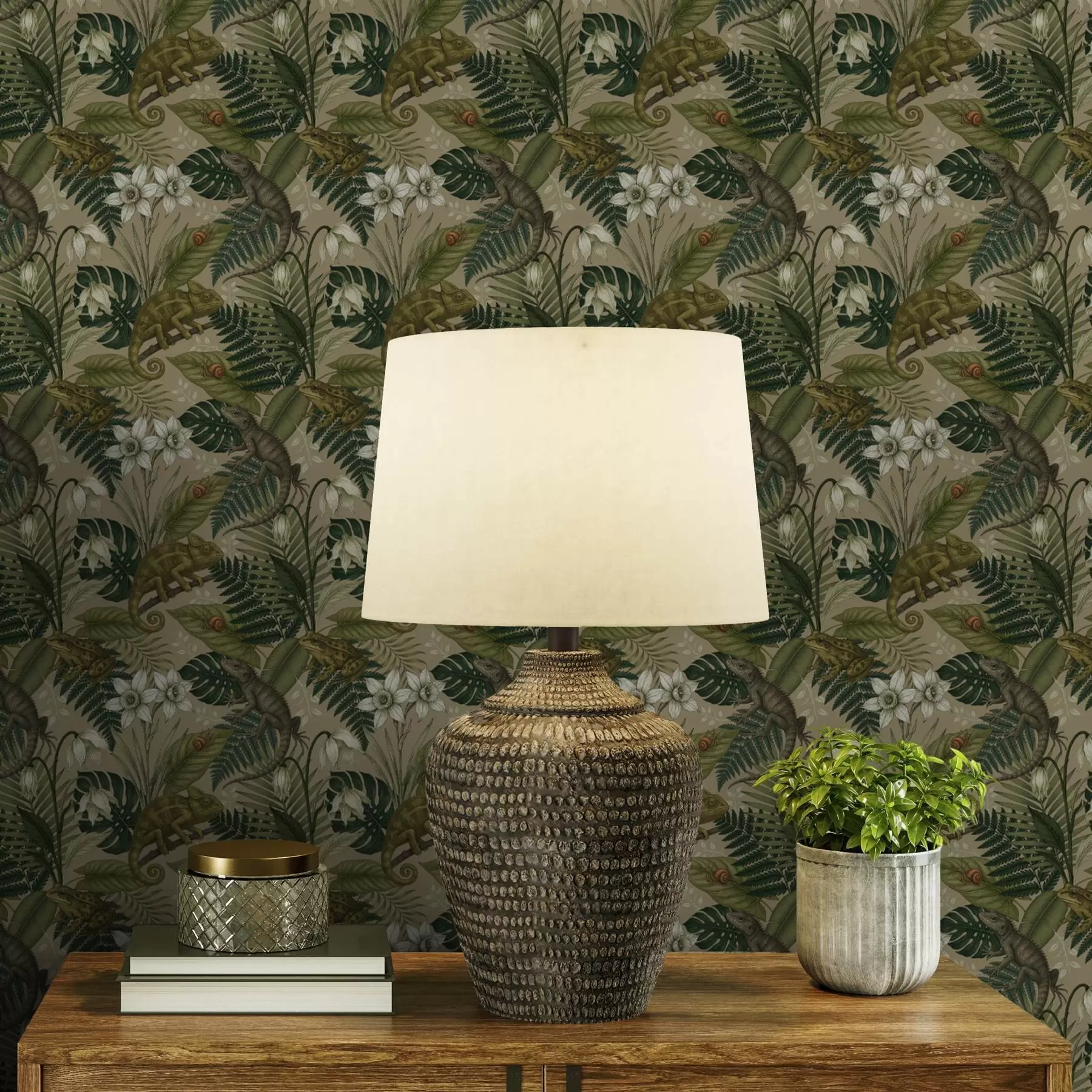 fototapeter Kameleoner og tropiske blader, hvite blomster, beige bakgrunn a00608