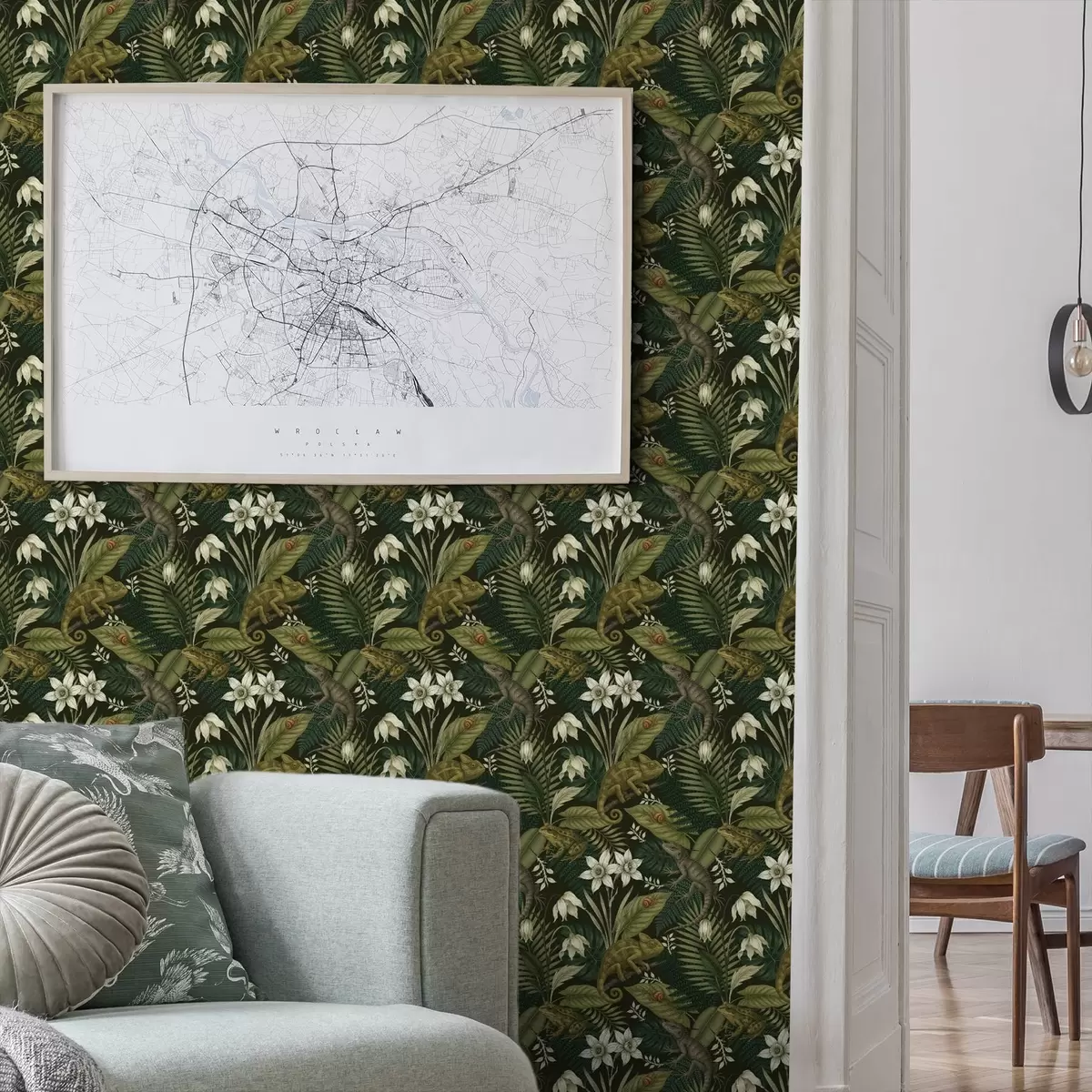 Bakgrunn Kameleoner og tropiske blader, hvite blomster, mørk bakgrunn a00608v1