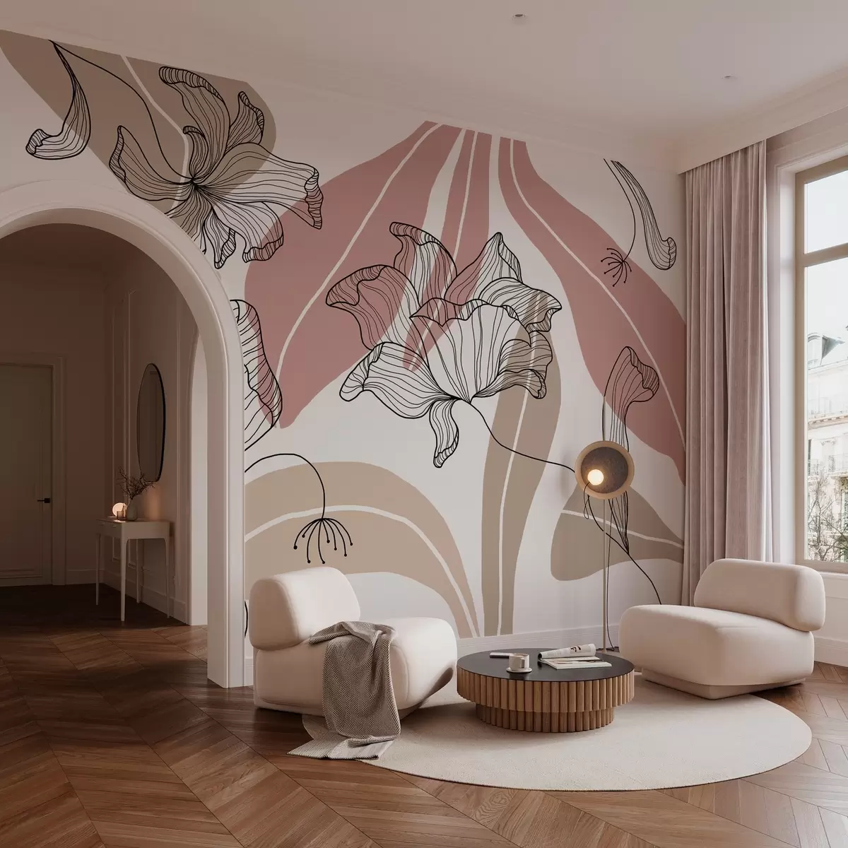 fototapeter abstrakte blader og blomster i pudderfarger og beige toner w04499