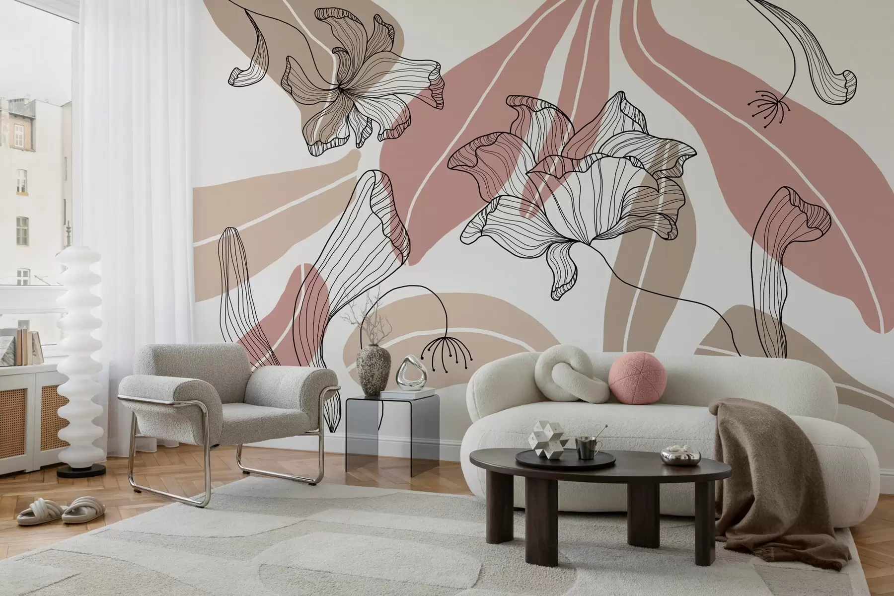 fototapeter abstrakte blader og blomster i pudderfarger og beige toner w04499