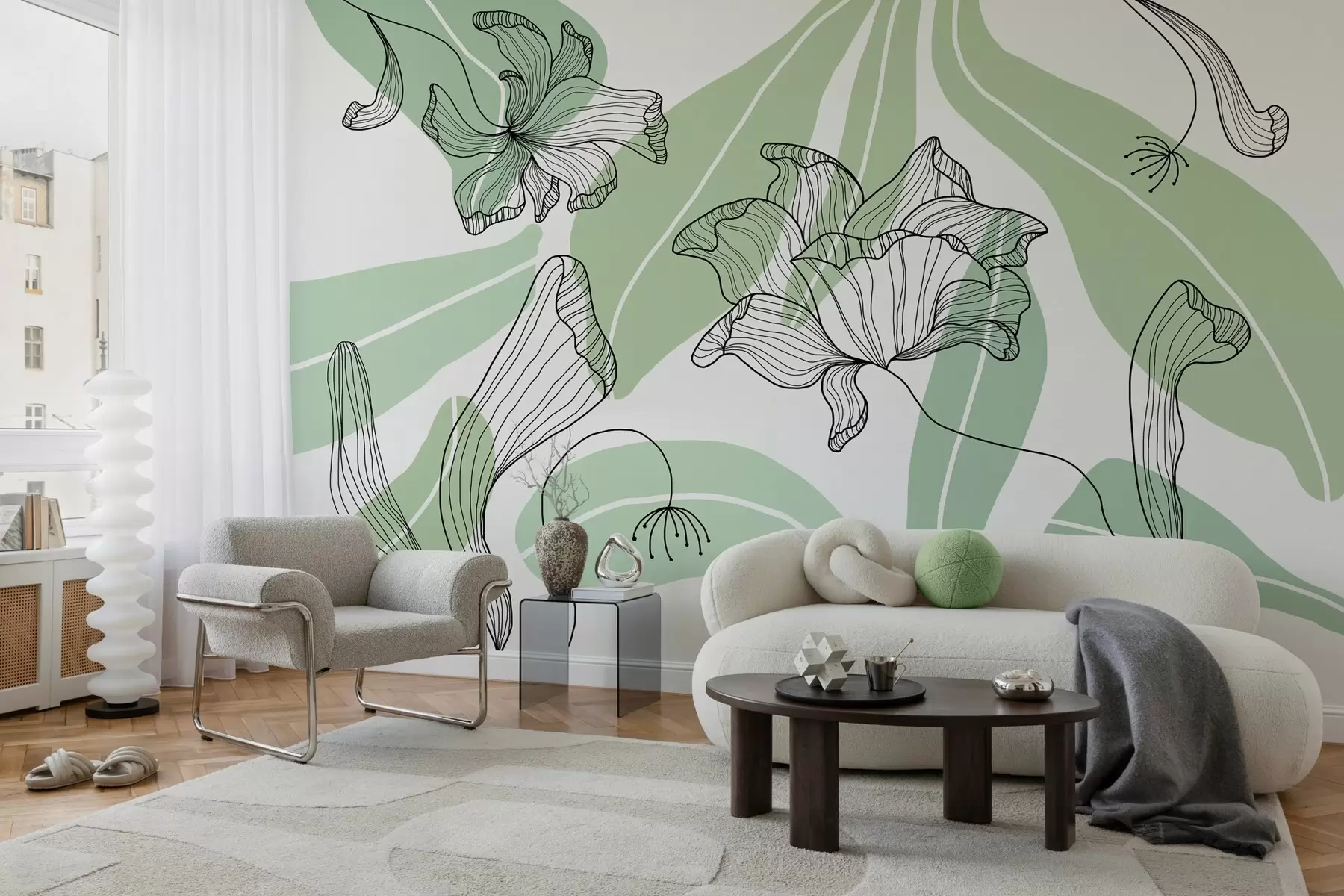 fototapeter abstrakte blader og blomster i grønne toner w04499v1