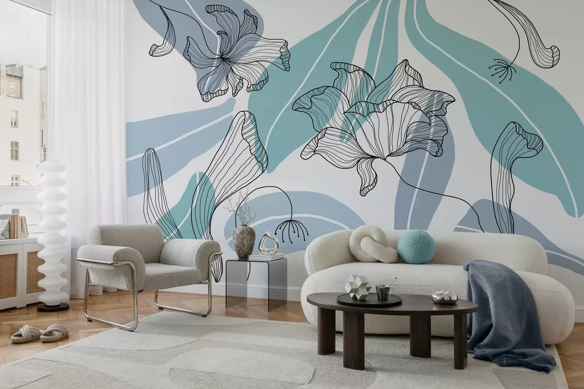 fototapeter abstrakte blader og blomster i blå toner w04499v2