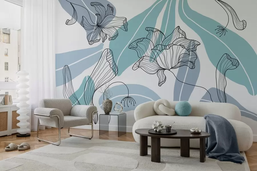 fototapeter abstrakte blader og blomster i blå toner w04499v2