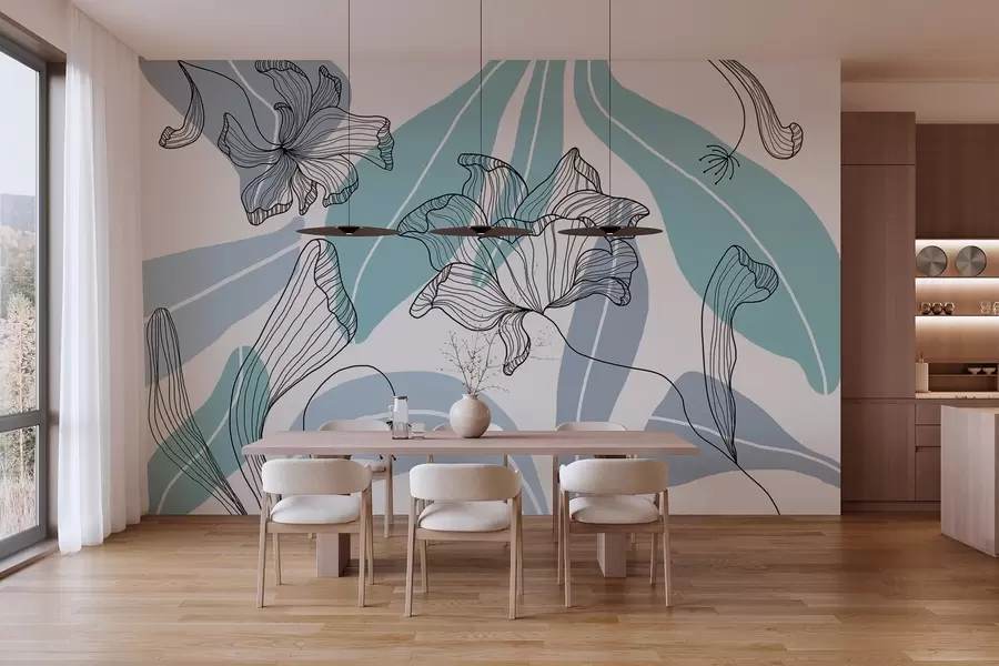 fototapeter abstrakte blader og blomster i blå toner w04499v2