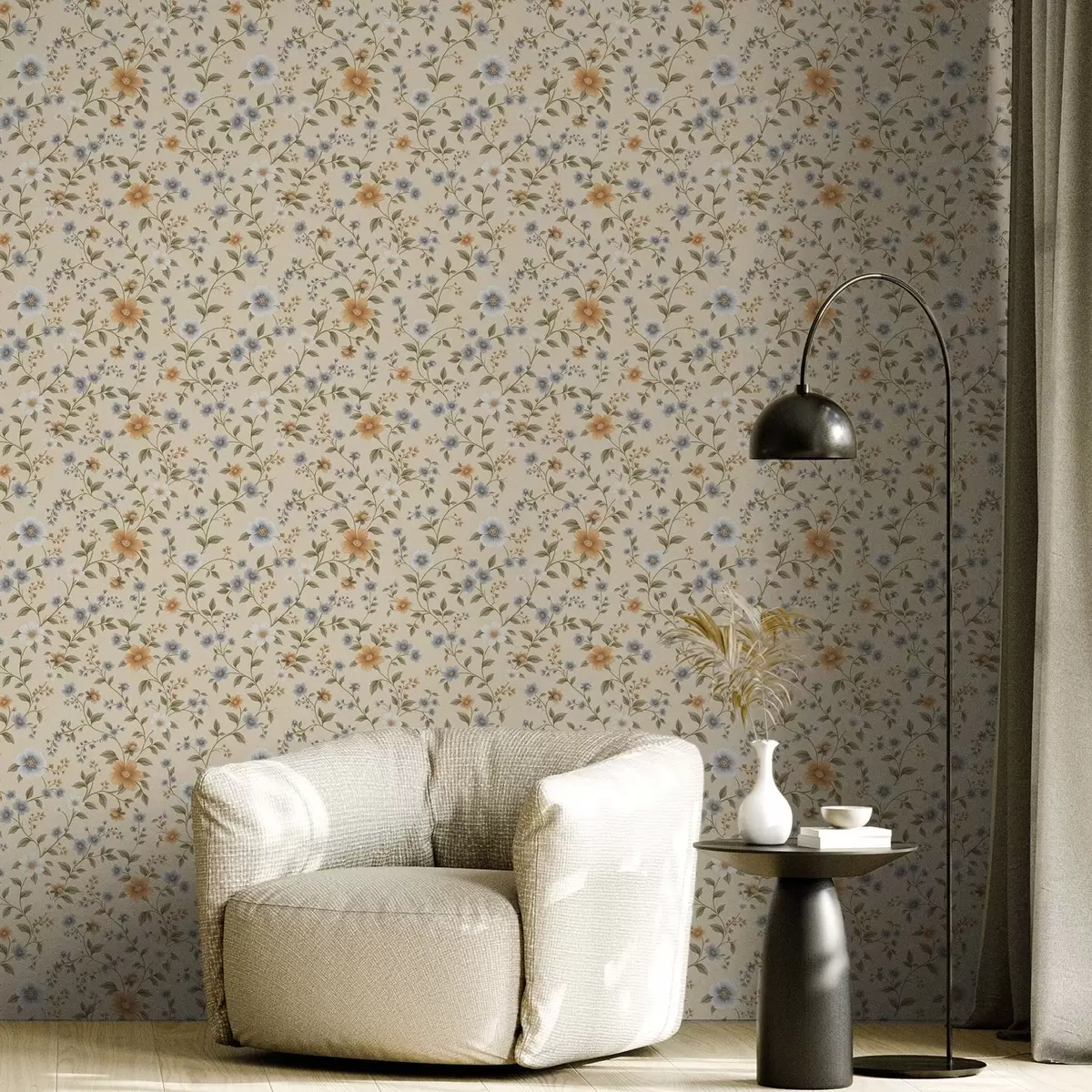 Bakgrunn Blomstergrener med blå og ferskenfargede blomster a00575