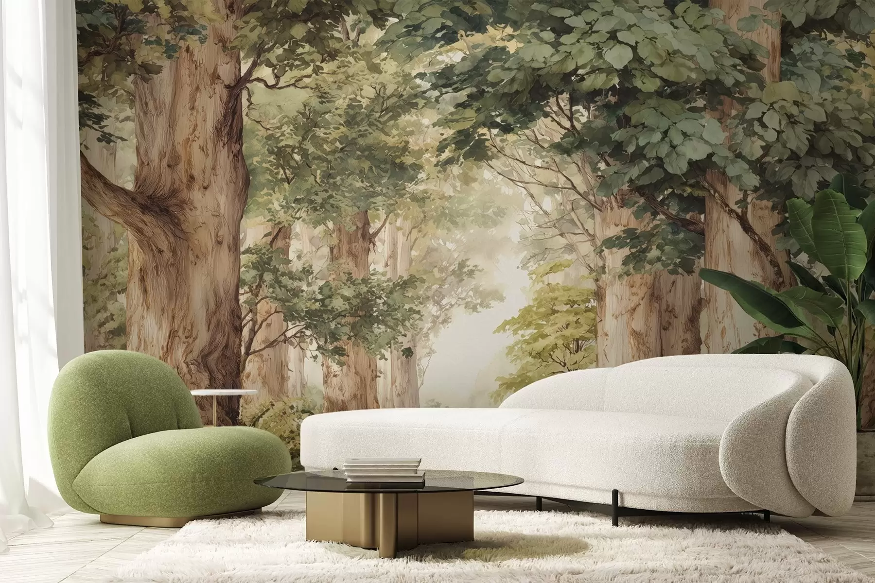 fototapeter Skogssti blant majestetiske trær i akvarellstil w09404