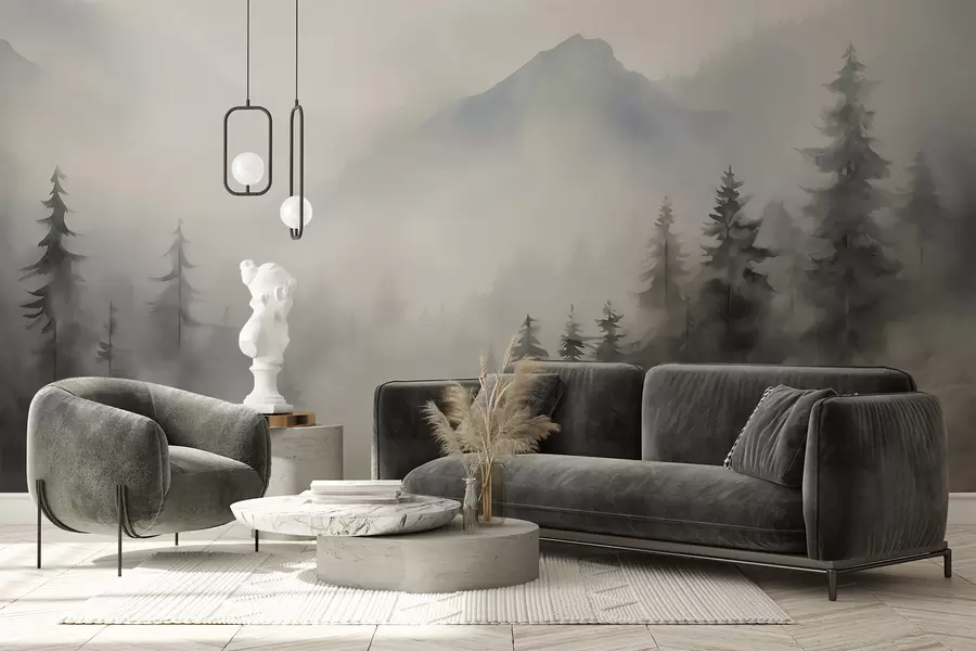 fototapeter Skog i tåken med fjellene i bakgrunnen w04493