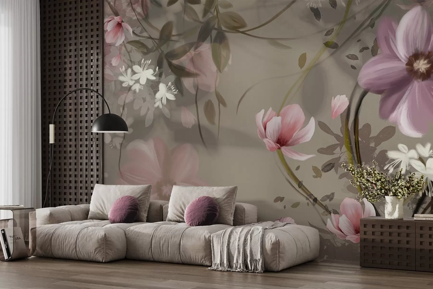fototapeter Rosa og hvite blomster med brune stilker og blader, dempet belysning, dempede farger, blomsteroppsats w09417