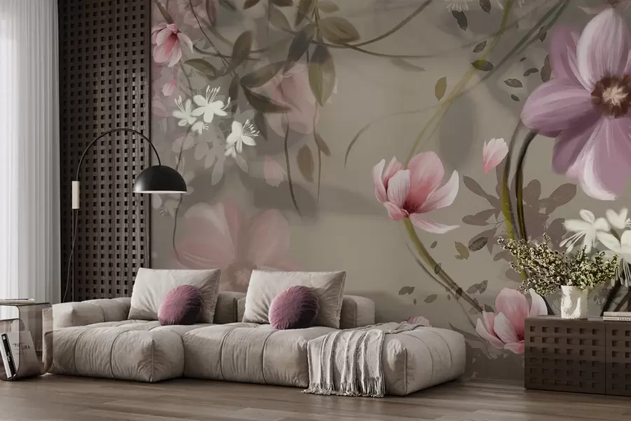 fototapeter Rosa og hvite blomster med brune stilker og blader, dempet belysning, dempede farger, blomsteroppsats w09417