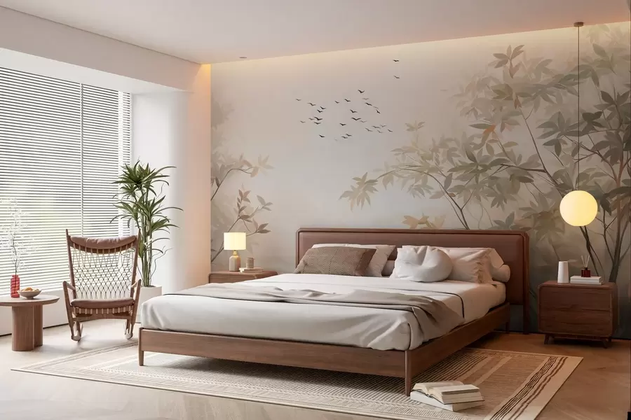 fototapeter Teksturert landskap med trær og en flokk fugler som flyr i himmelen, pastellfarger, naturscene  w09418