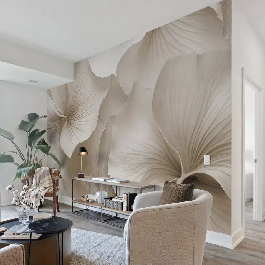 fototapeter Hvite og beige gingko-blader, myk tekstur, abstrakt blomsterbakgrunn, minimalistisk moderne stil w09421v1